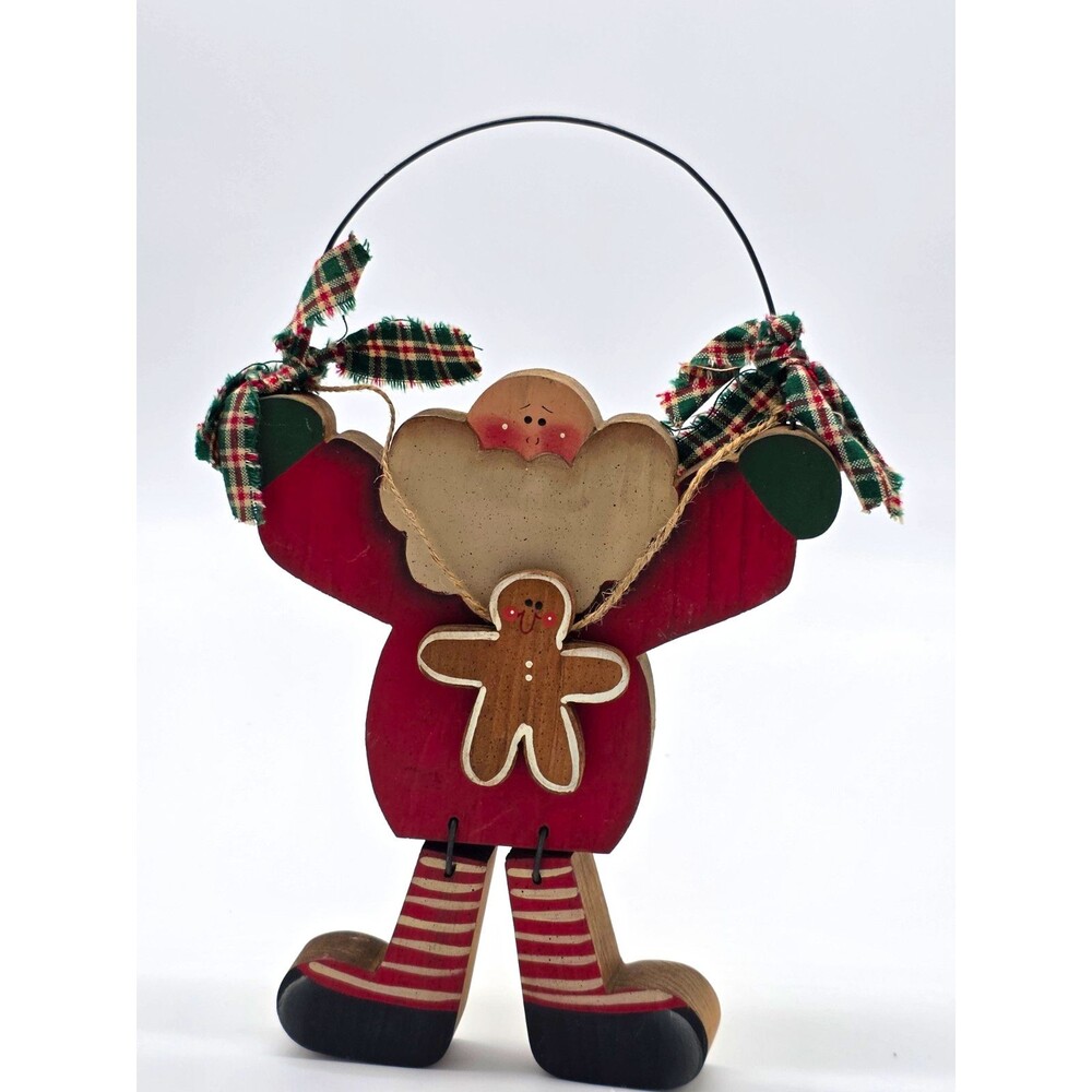 Wood Painted 3D Gingerbread Man Figurine Plaid Bow Christmas Decor